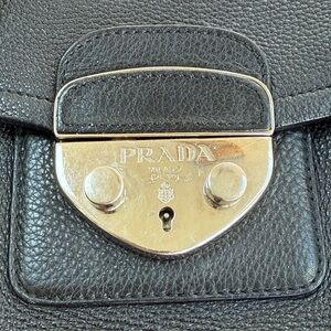 Prada Black Pebbled Leather Shoulder Bag with Silver Hardware 100 Authentic MINT
